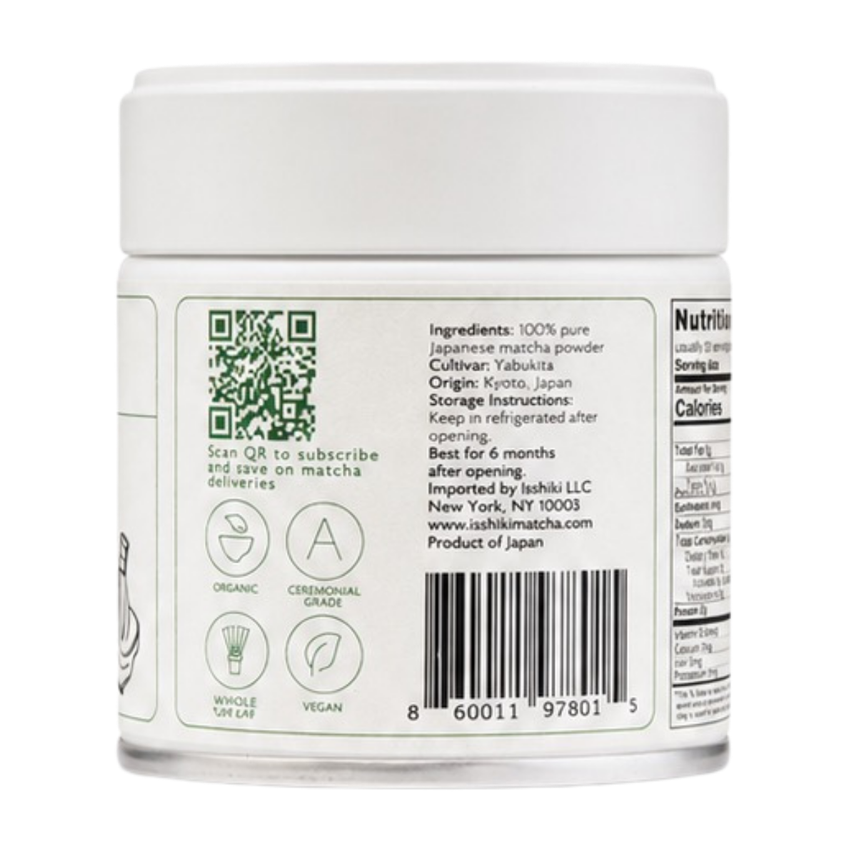 Back of Isshiki Yabukita matcha tin showing ingredients, Kyoto origin, storage instructions and QR code
