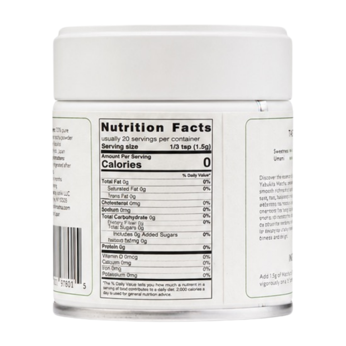 Isshiki Yabukita matcha tin showing Nutrition Facts panel: zero calories, about 20 servings per container