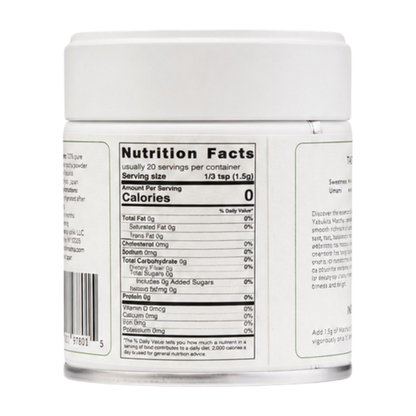 Isshiki Yabukita matcha tin showing Nutrition Facts panel: zero calories, about 20 servings per container