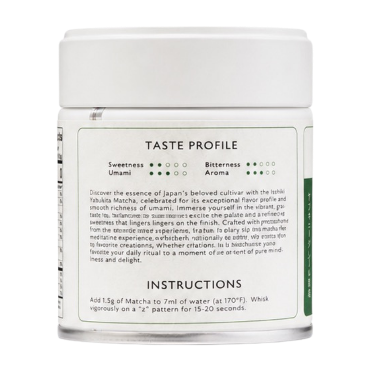 Isshiki Yabukita matcha tin side panel with taste profile ratings and whisking instructions
