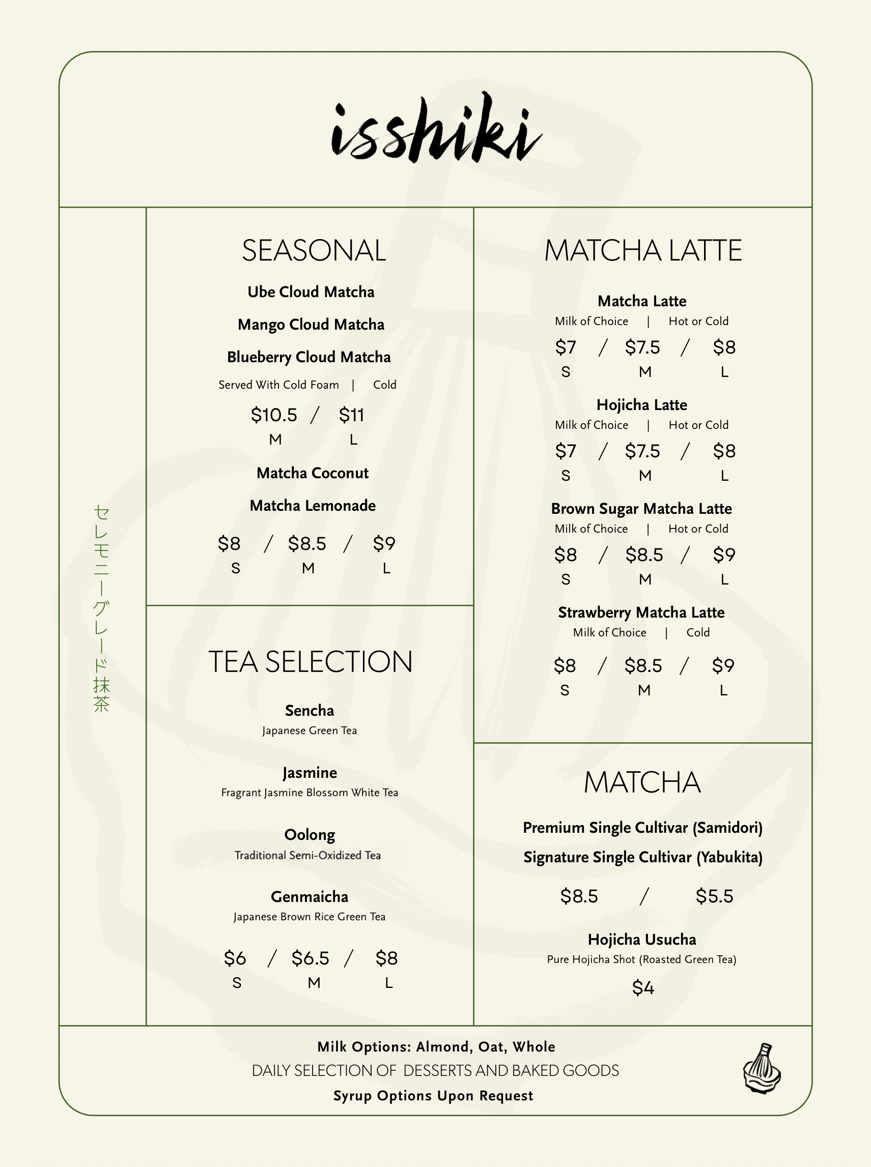 Isshiki Matcha NYC café menu with current drinks and prices